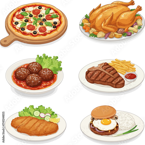 various food items, including pizza, roasted chicken, meatballs, steak with fries, a breaded cutlet, and a burger with egg and rice