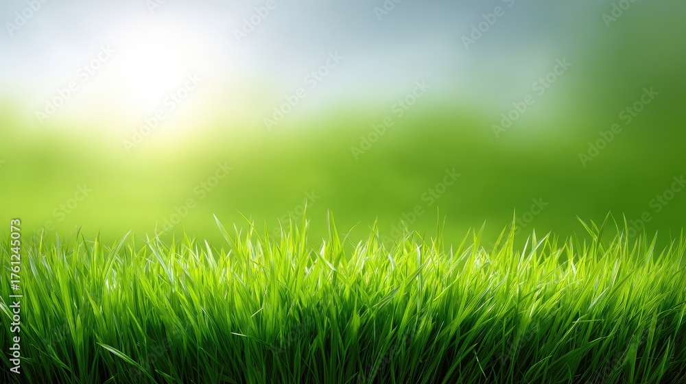 Fototapeta premium Lush Green Grass Field with Gentle Sunshine and Soft Focus Background Creating a Serene Natural Landscape
