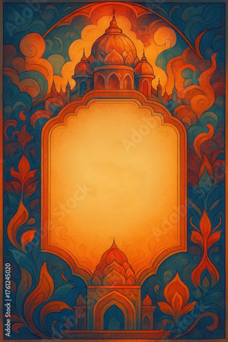 Colorful background with abstract temple in Indian style.