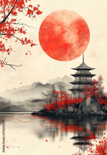 A painting in black and red depicting a traditional Asian pagoda.