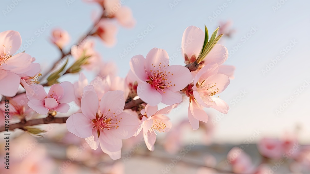 Obraz premium Delicate Pink Cherry Blossom Blooms on Branch Against Soft Sky Background in Springtime