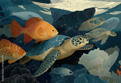 Illustrated sea turtle swimming with colorful fish.
