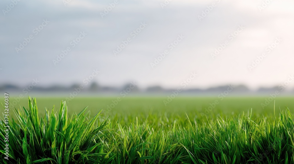Fototapeta premium Lush Green Grass Landscape Under Soft Cloudy Sky in a Peaceful Natural Environment