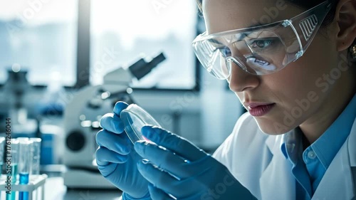 Scientist Inspecting Sample in Petri Dish Under Bright Lab Lighting