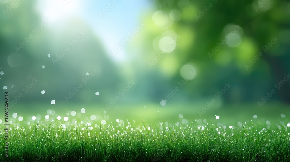 Fototapeta premium Serene Natural Landscape with Dew Drops on Grass Under Soft Sunlight in Lush Green Setting