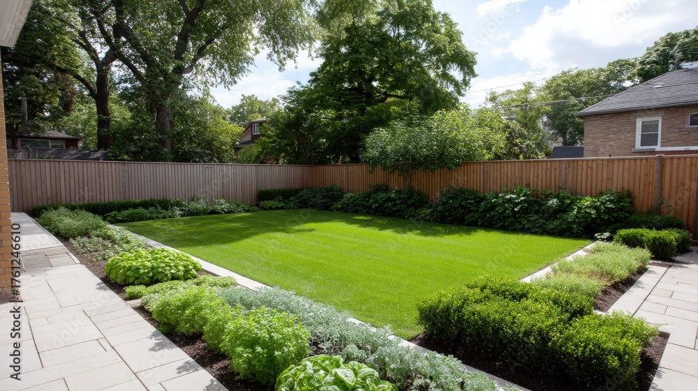 Obraz premium Lush Green Backyard with Well-Maintained Lawn and Neat Flower Beds Surrounded by Fencing in a Residential Area