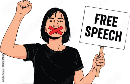 Censored woman with taped mouth protesting for free speech. design creative background style inspiration