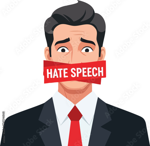 Censoring Hate Speech Muzzled Businessman. style inspiration illustration concept design creative background style inspiration