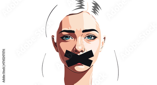 Conceptual illustration of a silenced woman with taped mouth. design creative background style inspiration