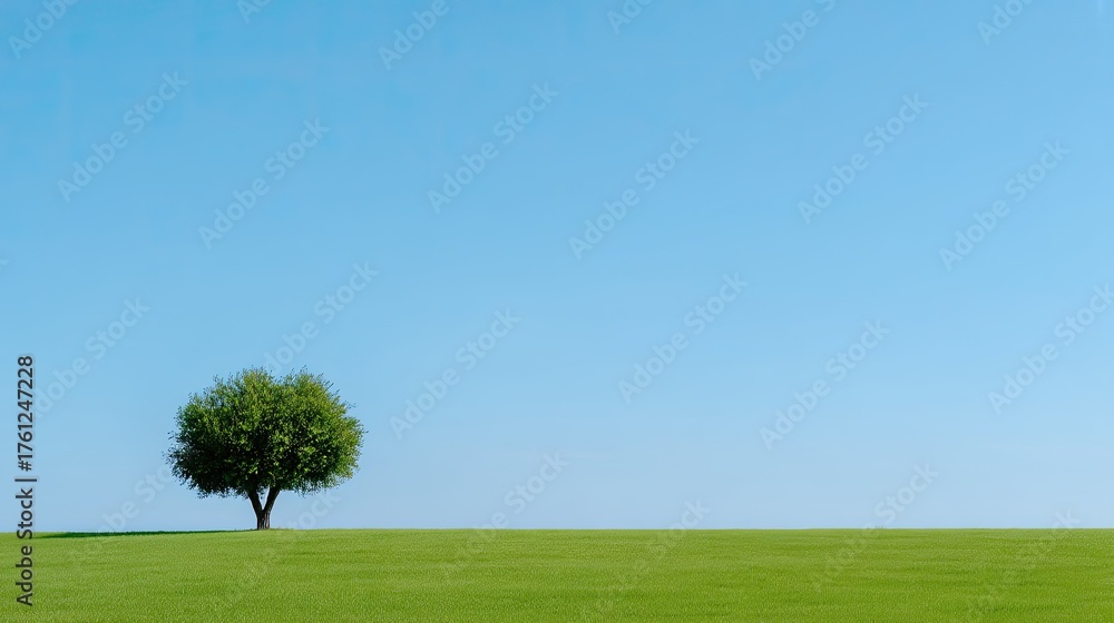 Obraz premium Lone Tree on Green Field Under Clear Blue Sky in Nature Landscape with Minimalist Composition