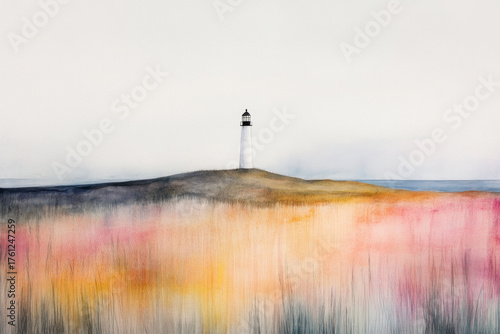 A solitary lighthouse stands on a windswept hill overlooking a soft pastel field, blending sea hues with warm tones and airy light in a tranquil seascape.