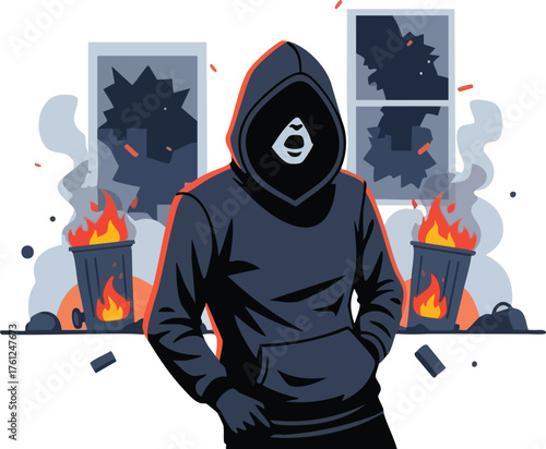 Hooded Figure Amidst Urban Unrest and Vandalism. illustration concept design creative background style inspiration