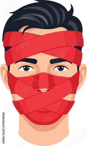 Mans Face Wrapped in Red Tape Censorship and Silence. design creative background style inspiration