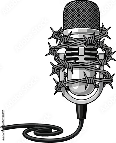 Microphone Wrapped in Barbed Wire Symbolizing Censorship. illustration concept design creative background style inspiration