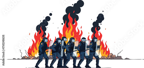 Riot police squad in full gear advancing against a fire during a protest. inspiration