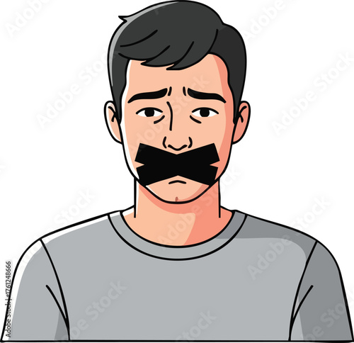 Sad young man with his mouth taped shut. concept design creative background style inspiration