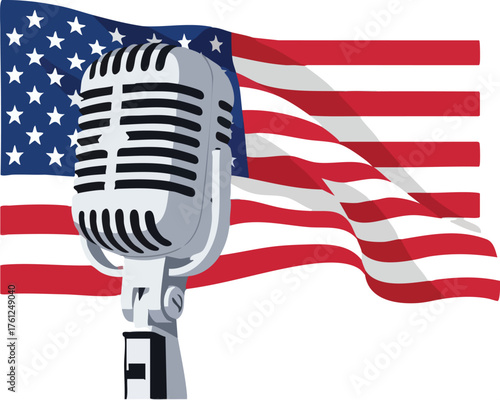 Vintage Microphone with Waving American Flag. inspiration illustration concept design creative background style inspiration