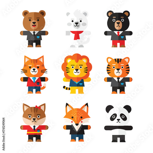 A collection of cute cartoon animal characters dressed in professional business suits.