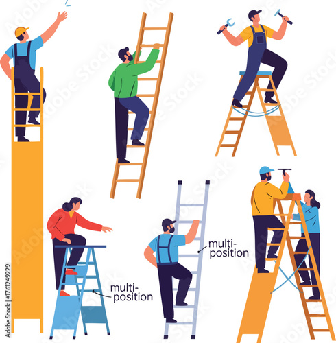 A collection of illustrated workers using various types of ladders for home improvement and repair tasks.