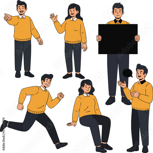 A collection of illustrated young men and women characters wearing matching yellow sweaters in various poses.