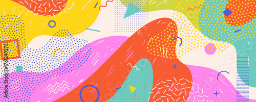 Pastel pop playground pattern with crayon texture and Memphis shapes for funky background design. Childish chalk drawn waves, fluid geometric shapes and doodles. Hand drawn vector aesthetic template.