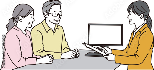 相談窓口で説明を受けるシニア夫婦のイラスト素材