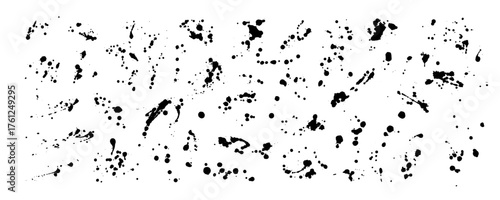 Paint ink splatter, stain and blot collection. Spray paint and grunge stains for graffiti or punk design. Blot mottled effect. Dirty black vector blots and ink splatters.
