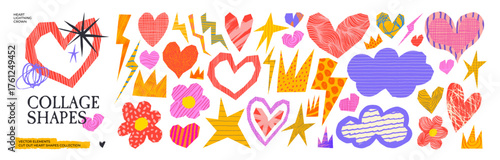 Wallpaper Mural Collage scrapbook stickers with crayon drawn doodles and patterns. Colorful heart, flower, lightning and crown scrapbook shapes. Cutout funky shapes for collage valentine design and Y2K aesthetics. Torontodigital.ca