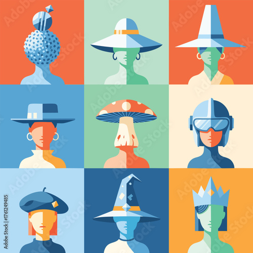 A colorful grid of nine minimalist portraits featuring people with unique and imaginative hats.