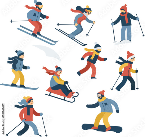 A diverse collection of illustrated people enjoying various winter sports like skiing snowboarding and sledding.