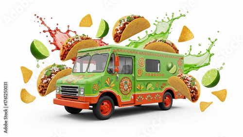 Fiery Taco Truck Surrounded by Floating Mexican Street Food Delights