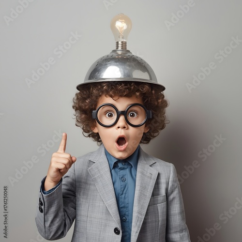 Funny little child wearing a suit and glasses with a light bulb on a metal colander hat, symbolizing creativity, imagination, innovation, and the concept of having a brilliant idea or inspiration mome