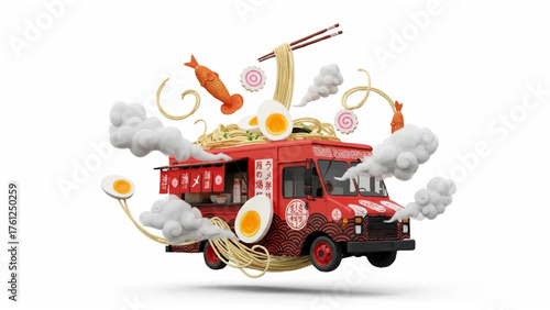 Explosive Asian Street Food Truck Surrounded by Flying Sushi, Ramen, and Dumplings