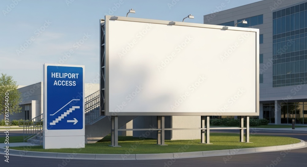 Fototapeta premium A large, blank billboard stands beside a sign indicating a helipad access point, near a modern building.