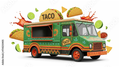 Fiery Taco Truck Surrounded by Floating Mexican Street Food Delights