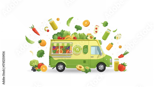 Fresh Grocery Delivery Van Surrounded by Floating Fruits and Vegetables"