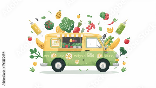 Fresh Grocery Delivery Van Surrounded by Floating Fruits and Vegetables"