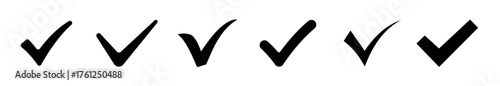 Сheck mark vector icons set. Simple tick and approved sign collection. Minimal black checkmark glyph symbols for correct, verified, or completed status.