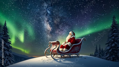 Santa Claus sits in a sleigh under a starry night and northern lights.
