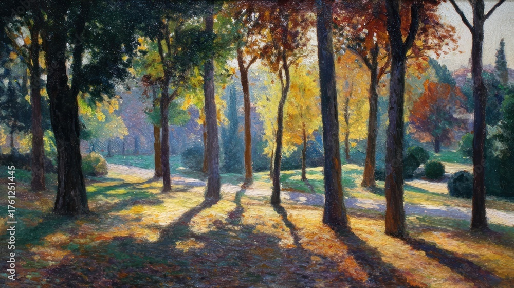 Obraz premium A sunlit scene of trees in autumn colors casting long shadows across a path
