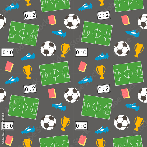 Soccer Seamless Pattern with Ball, Trophy, Field, and Scoreboard for Sport Background and Wrapping Paper