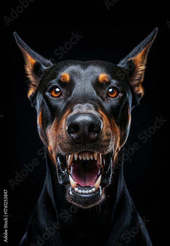 A Doberman's grin on a black background, close-up portrait.
