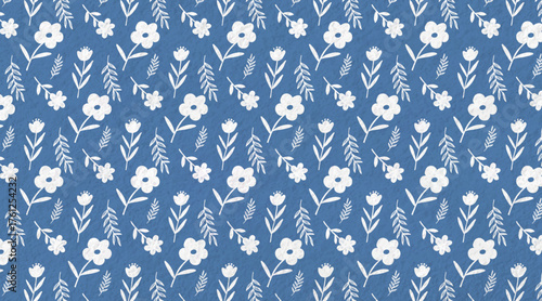 Seamless pattern with small white florals on blue background, suitable for wallpaper, print, fabric, wallpaper, greeting card background, wrapping paper