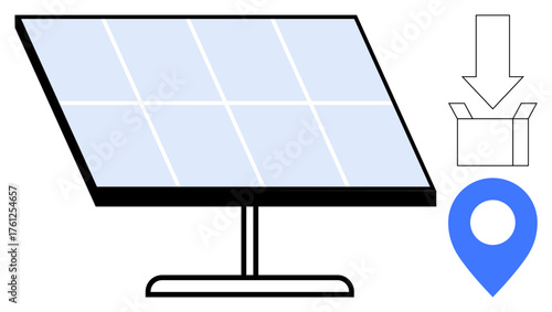 Solar panel with blue pin and download arrow over box, representing installation and distribution. Ideal for renewable energy, eco technology, setup guidance, green power, delivery systems, clean