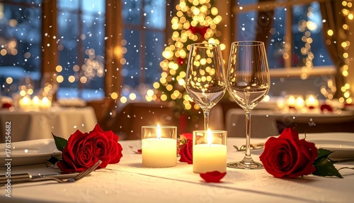 Cozy fine-dining restaurant with warm candlelight and decorated in christmas vibes with christmas tree, roses and wine glass, snow gently falling from window