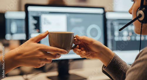 Subtle and human depiction of teamwork and kindness in a professional setting — ideal for corporate wellness, customer service, and leadership visuals.