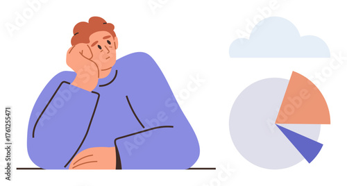 Person resting head on hand, staring thoughtfully at a pie chart and cloud. Ideal for analytics, decision-making, creativity, problem-solving, planning, business strategy self-reflection. Simple