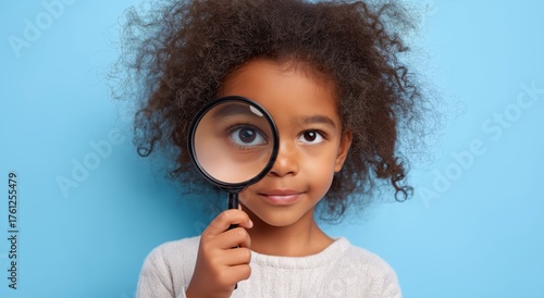 A curious young black girl looks through a magnifying glass over her eye. Portrait of a child exploring and learning. Investigation and discovery concept on a blue background with copy space