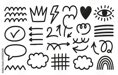 Collection of Black Hand Drawn Doodle Icons and Symbols Keywords: abstract, arrow, art, bubble, check, cloud, crown, doodle, drawing, element, eye