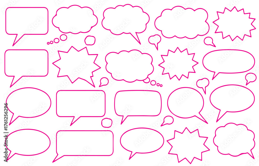 Obraz premium Collection of Pink Outline Speech and Thought Bubbles on White Background speech bubble